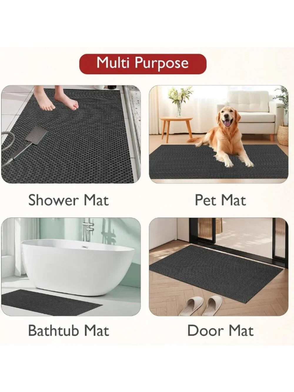 Extra Large Non-Slip Bath Mat, Fast-Dry PVC Shower Mat with Drain Holes, 32